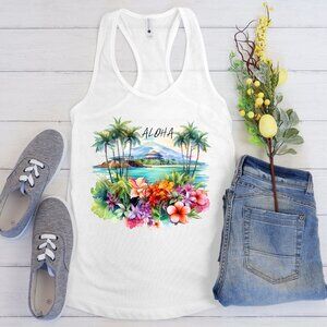 Aloha Tropical Floral Racerback Tank - Summer Beach Top, Hawaii Tank Top